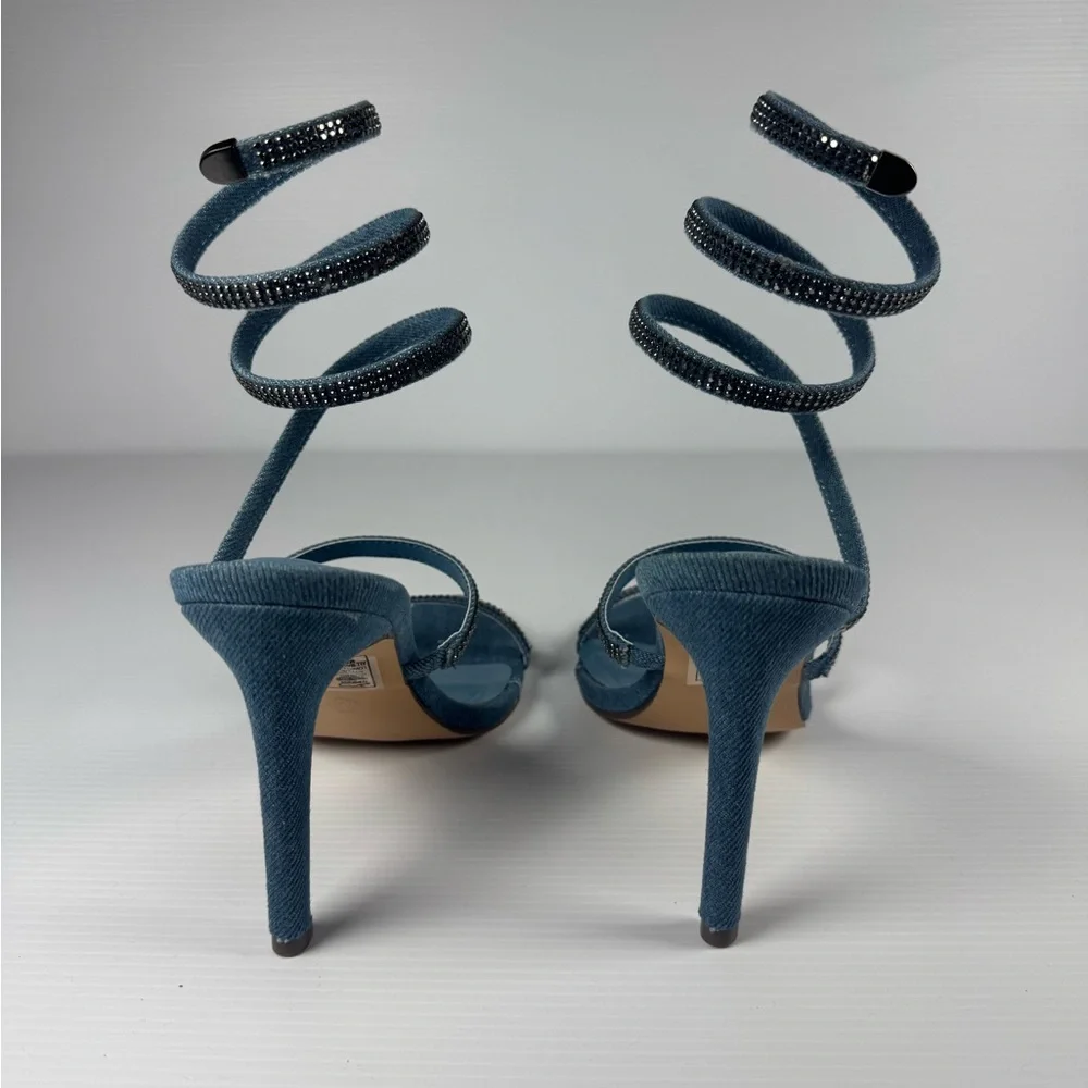 Azalea Wang Lowri Denim Sparkle Rhinestone Spiral Wrap Heels NWT - Picture 3 of 6